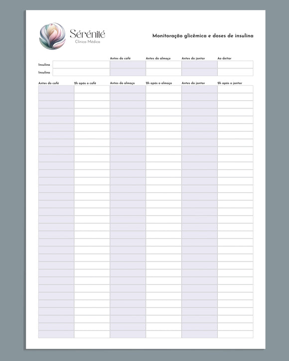 Ficha de monitoração glicêmica para médicos. Ideal para acompanhamento de diabetes e aplicação de insulina. Impressão premium.