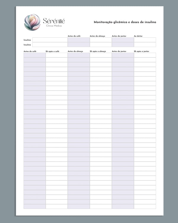 Ficha de monitoração glicêmica para médicos. Ideal para acompanhamento de diabetes e aplicação de insulina. Impressão premium.