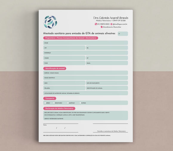 Atestado para emissão de GTA de animais silvestres. Atestado veterinário de guia de transporte de animais.