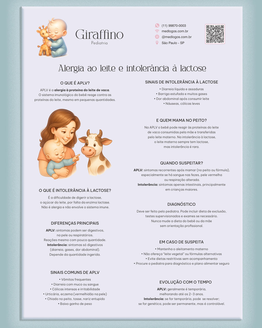 Folha sobre alergia ao leite e intolerância à lactose, modelo Giraffino Pediatria