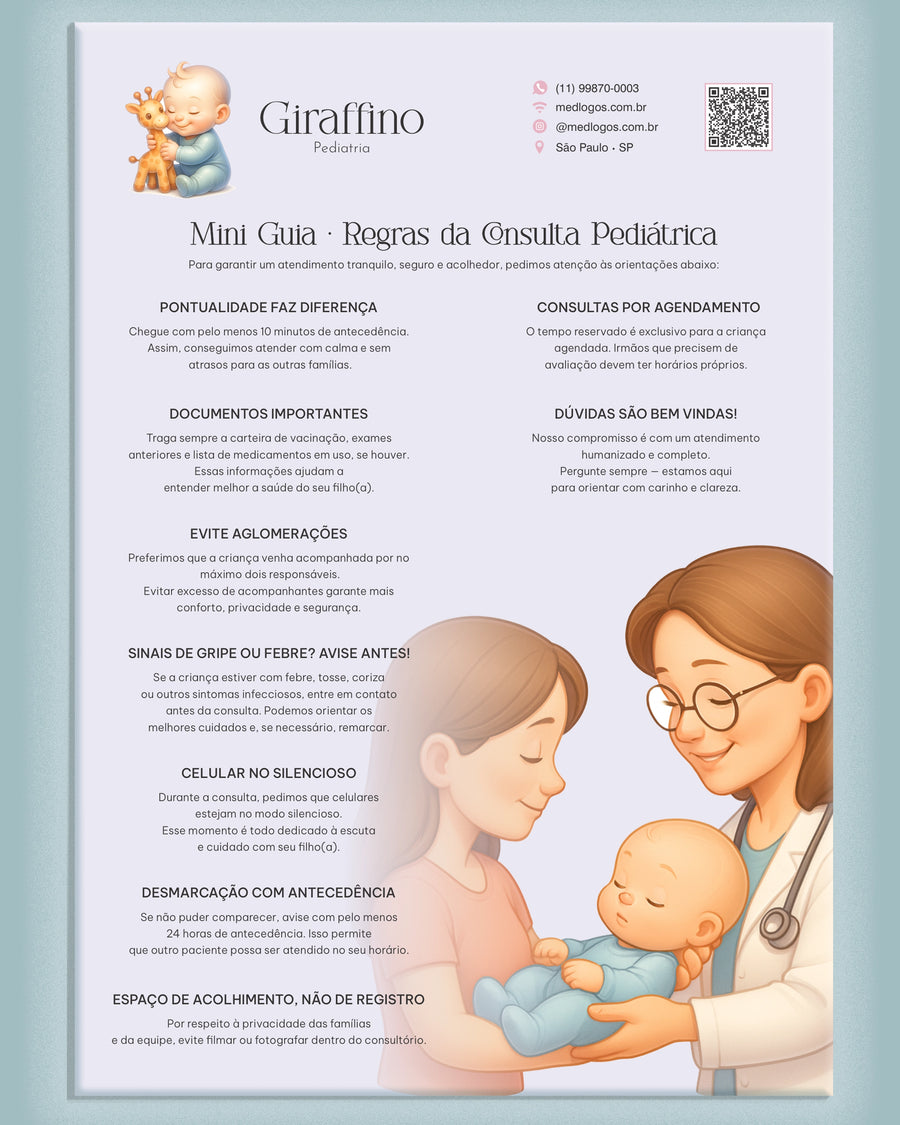 Folha Mini Guia Regras da Consulta Pediátrica, modelo Giraffino, com ilustração de pediatra e bebê