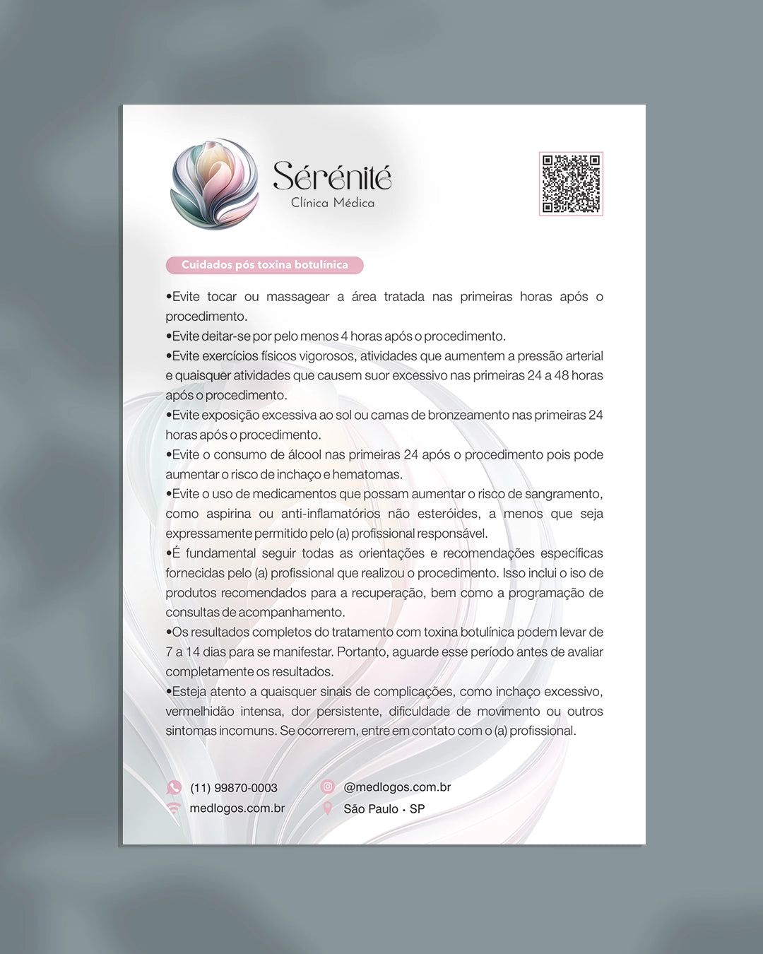 Instruções de cuidados pós aplicação de toxina botulínica para o paciente dermatológico. Impressão premium e personalizada.