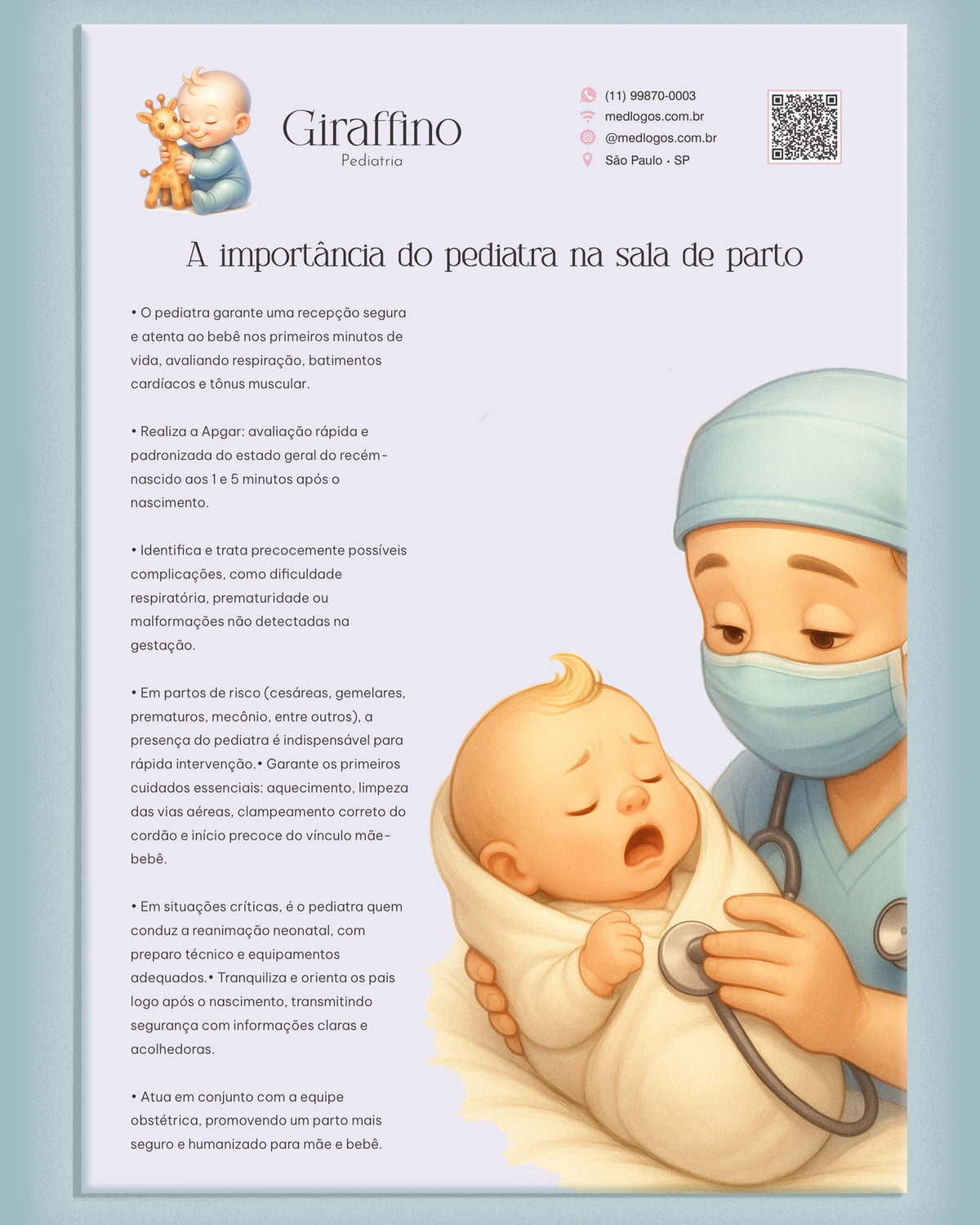 Folha A importância do pediatra na sala de parto, modelo Giraffino, com ilustração de pediatra e bebê
