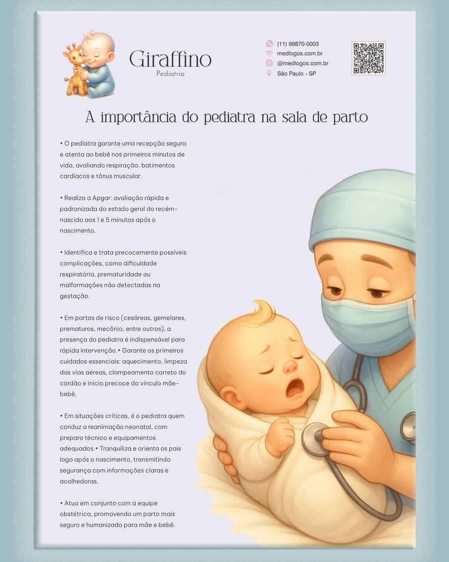 Folha A importância do pediatra na sala de parto, modelo Giraffino, com ilustração de pediatra e bebê