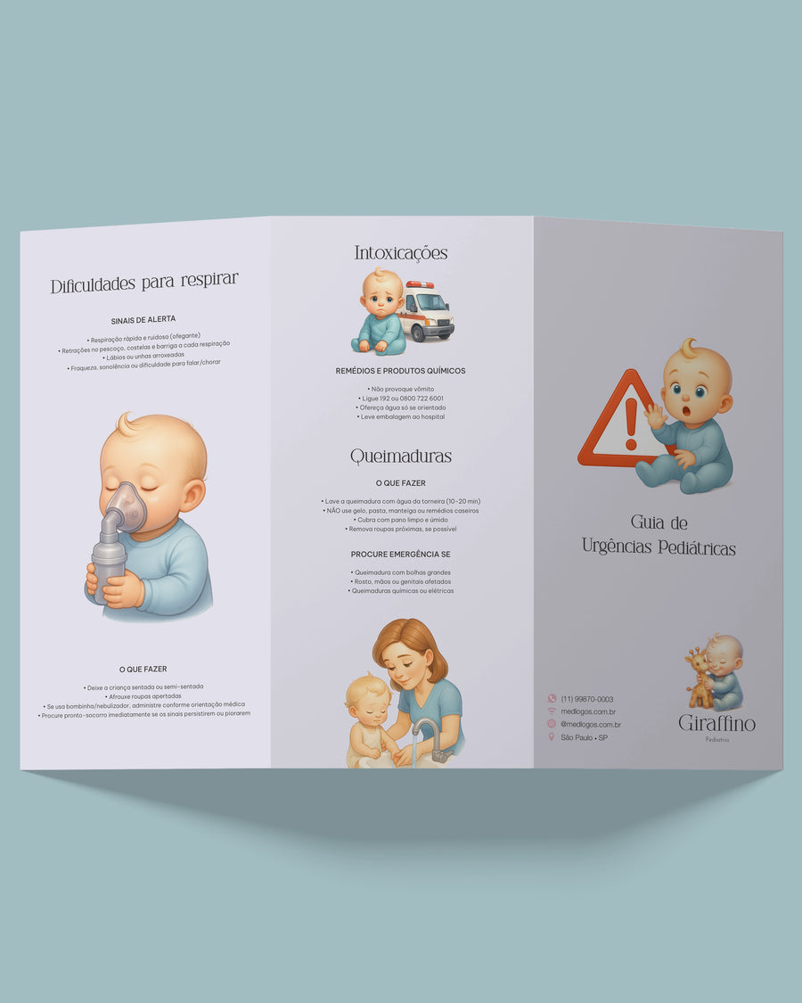 Folder dobrável Guia de Urgências Pediátricas, modelo Giraffino, com ilustrações de bebês