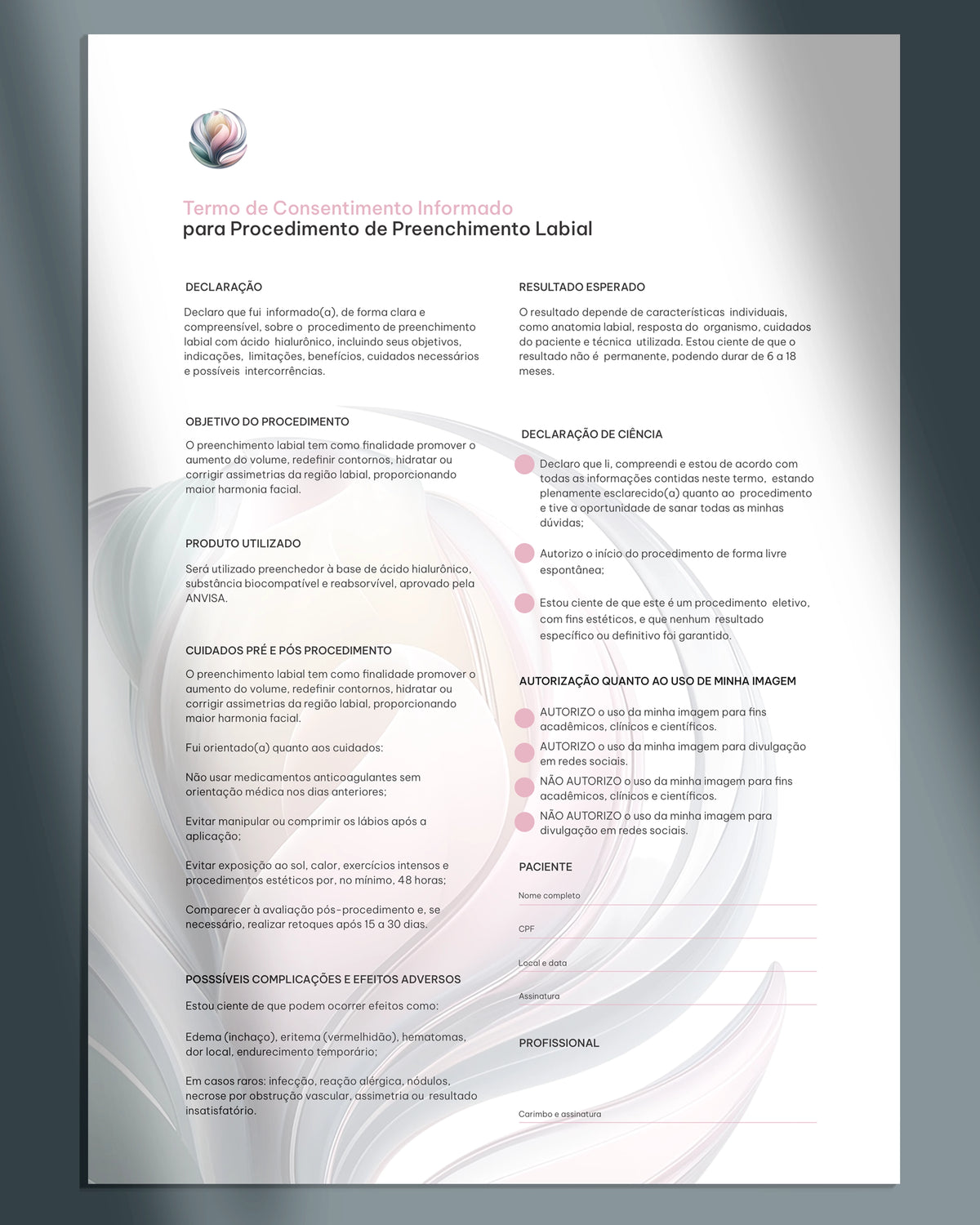 Planejamento para preenchimento labial com mapeamento e volume. Verso com termo de consemtno.