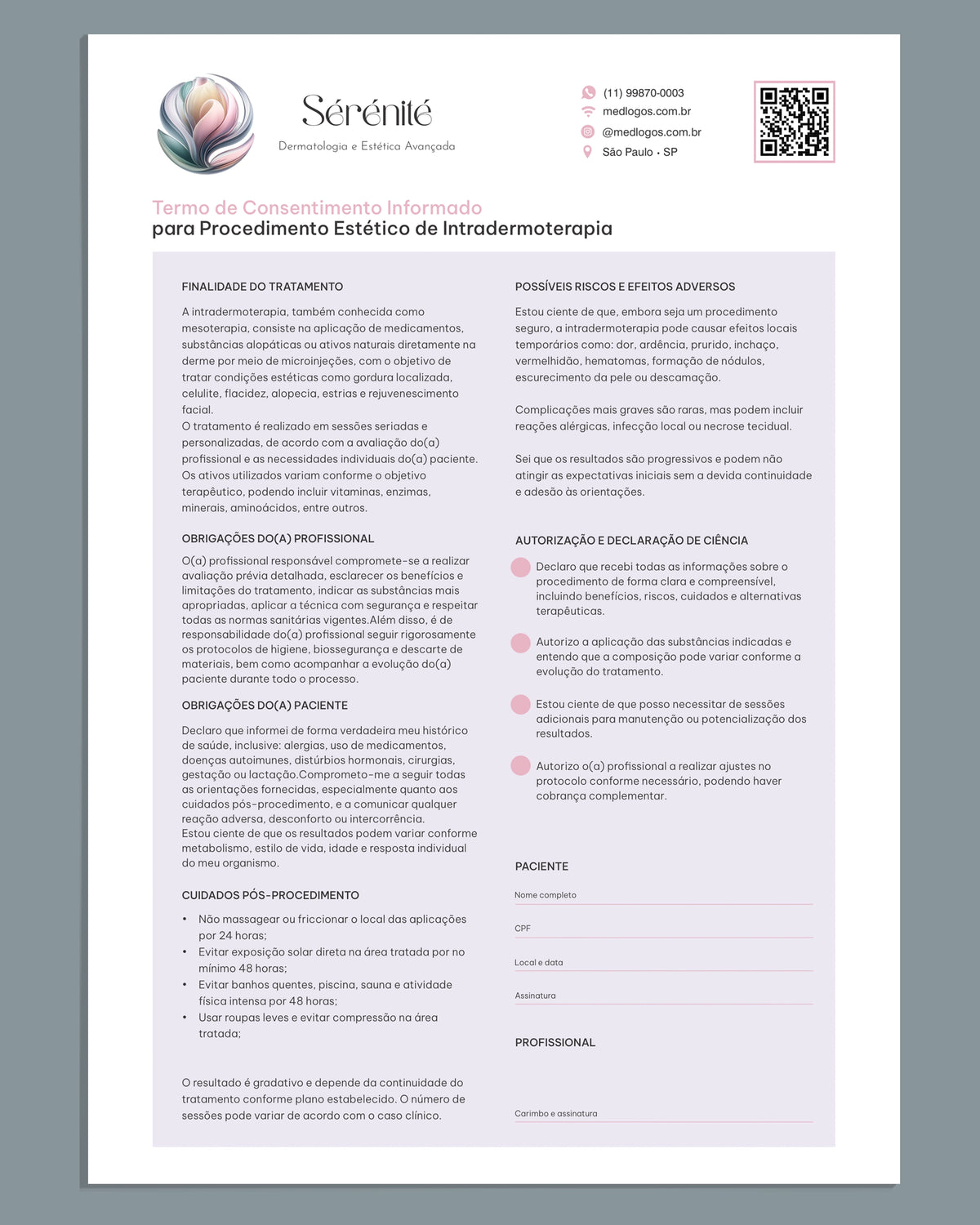 Termo de consentimento informado para intradermoterapia, modelo Sérénité, com riscos, cuidados, autorização e assinatura