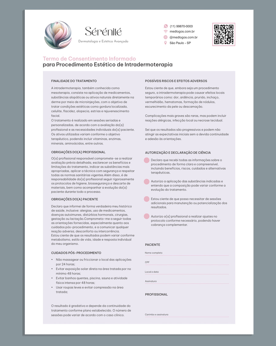 Termo de consentimento informado para intradermoterapia, modelo Sérénité, com riscos, cuidados, autorização e assinatura