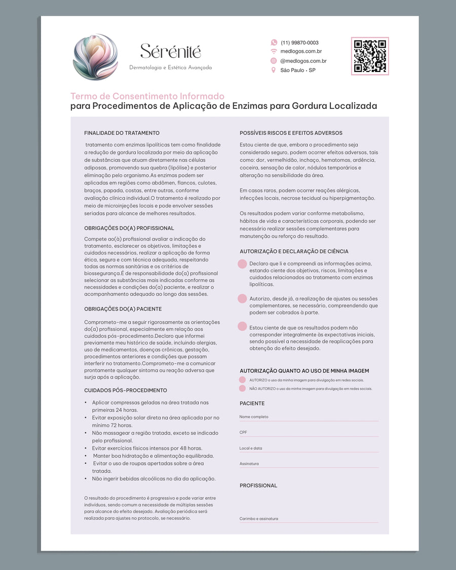 Termo de consentimento para aplicação de enzimas em gordura localizada, modelo Sérénité, com riscos e assinatura