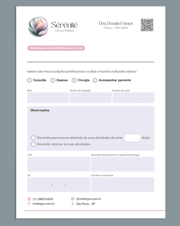 Atestado personalizado para clínicas e consultórios médicos. Impressão gráfica de alta qualidade. 