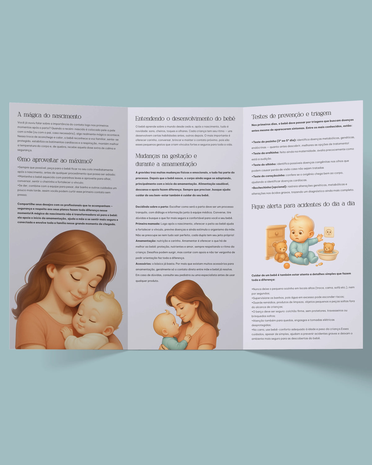Parte interna do folder de orientações pré-natal, com textos e ilustrações de mãe e bebê