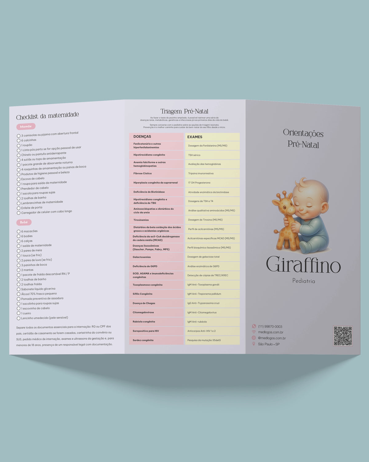 Folder dobrável Orientações Pré-Natal, modelo Giraffino Pediatria, com checklist da maternidade