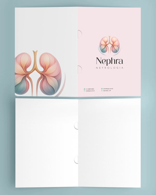 Pasta médica com modelo de nefrologia. Acabamento premium em gráfica médica com impressão personalizada.