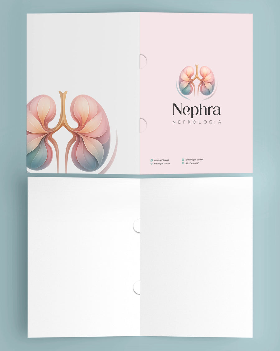 Pasta Nephra nefrologia em arte planificada, frente rosa com ilustração de rins e parte interna branca