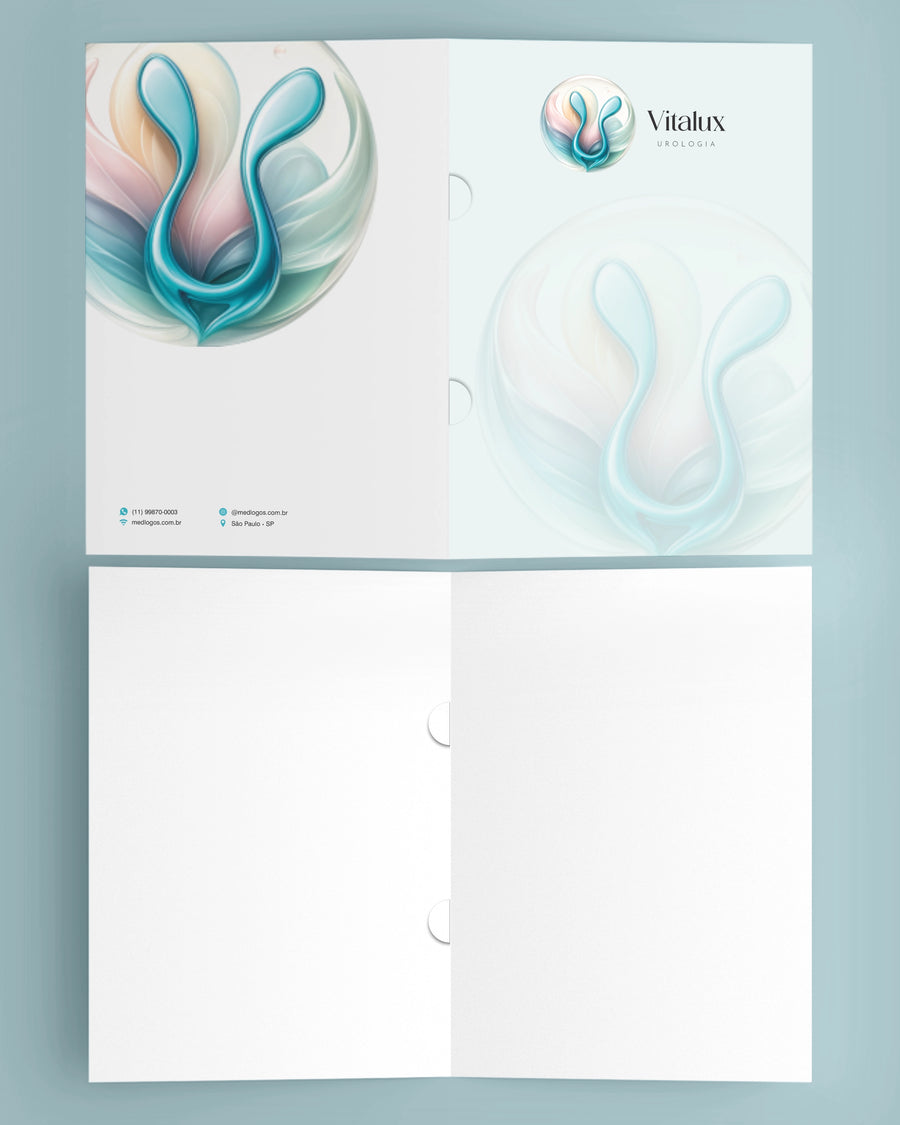 Pasta Vitalux urologia em arte planificada, frente com ilustração colorida e parte interna branca