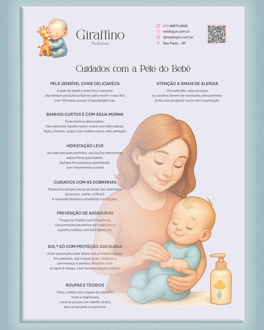 Folha Cuidados com a Pele do Bebê, modelo Giraffino Pediatria, com ilustração de mãe e bebê