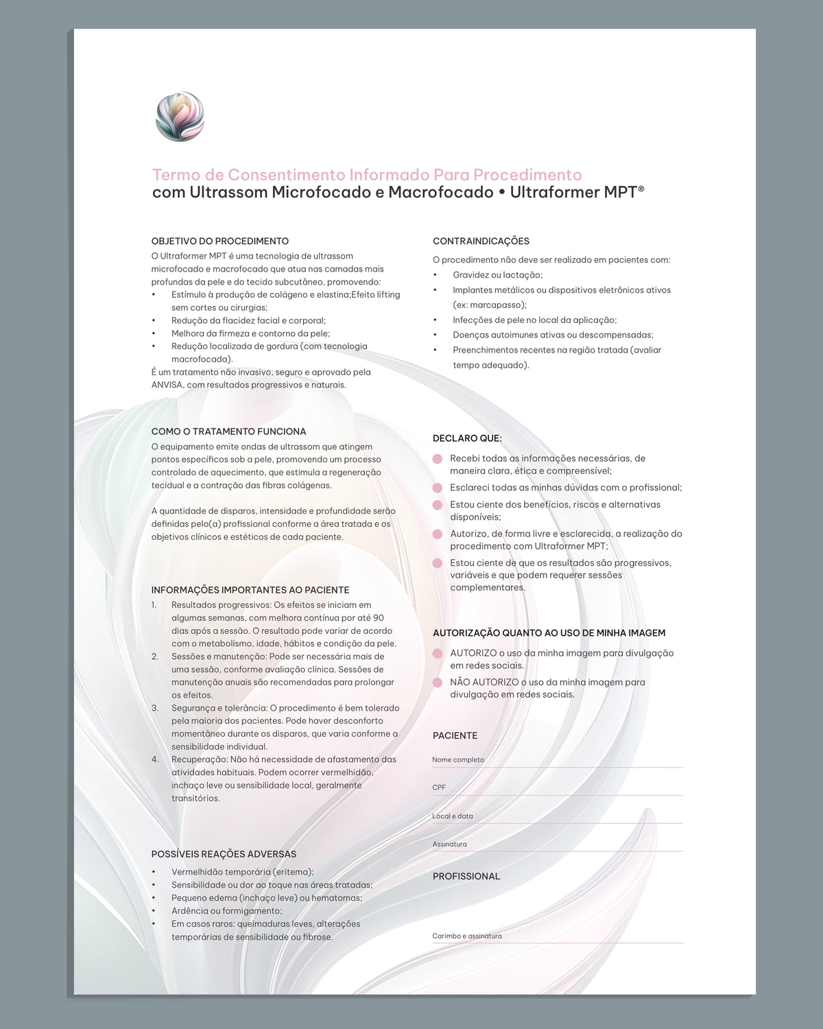 Ficha clínica de planejamento de Ultraformer MPT