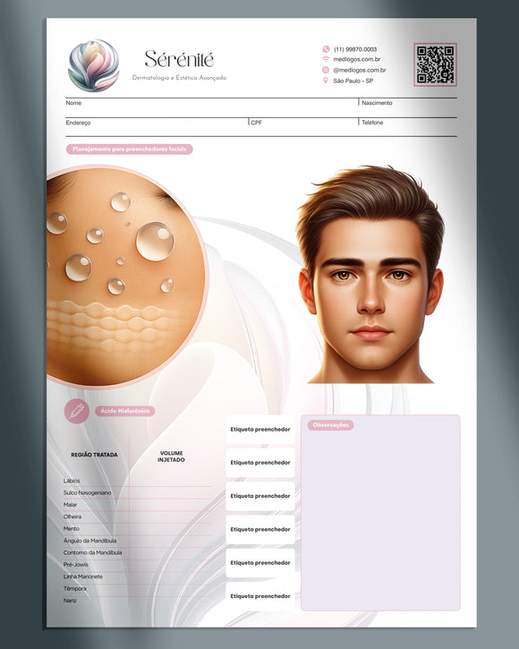 Ficha para registro técnico de preenchimento facial com ácido hialurônico em homens. Impressão premium.