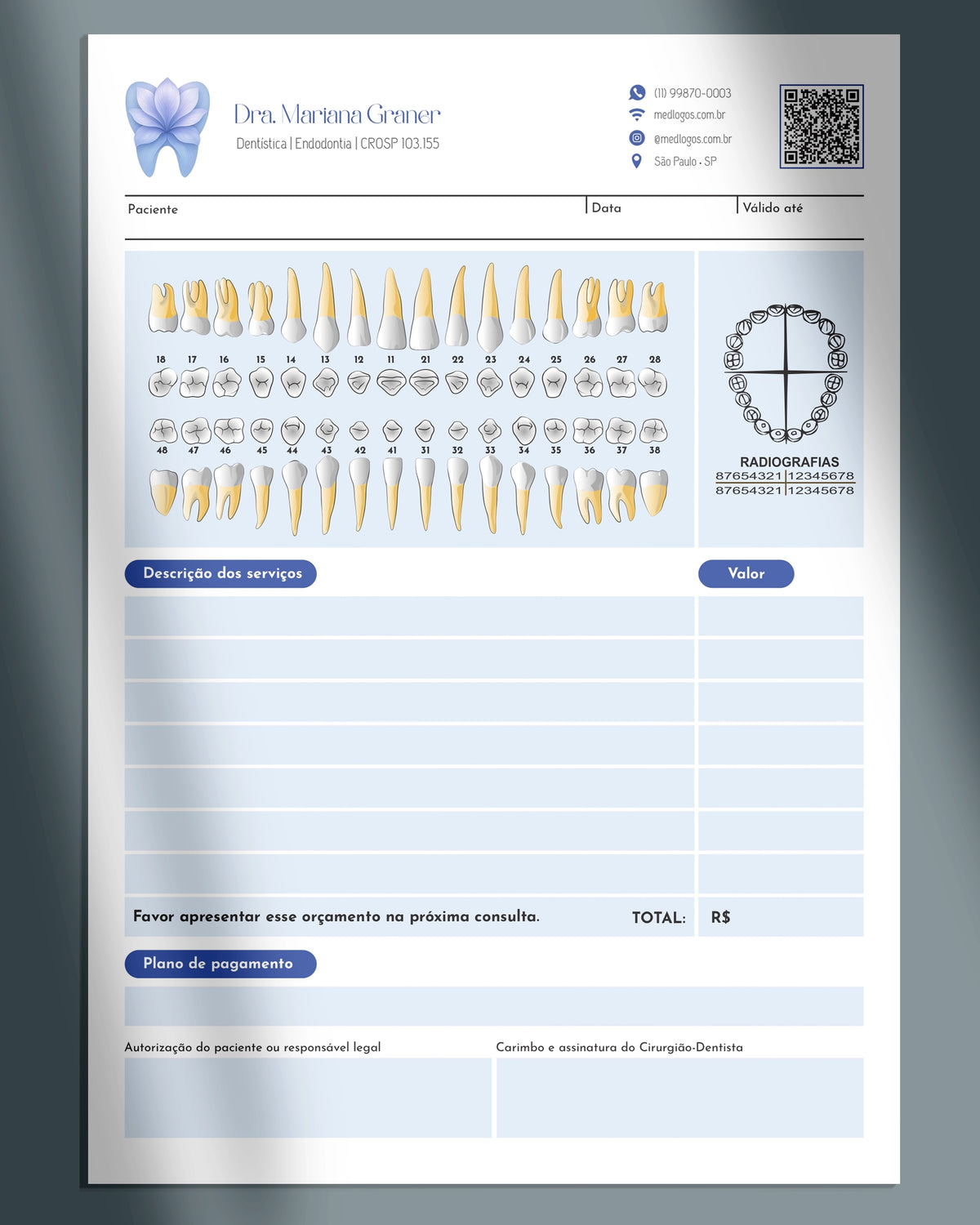 Orçamento odontológico com odontograma, descrição dos serviços, valores e plano de pagamento
