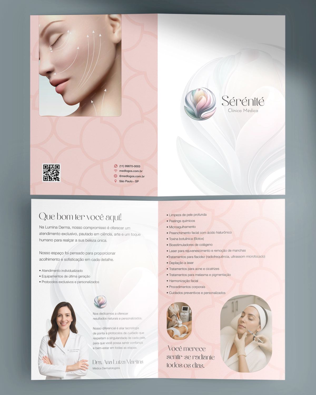 Folder dobrável modelo Sérénité com fotos de tratamentos faciais, apresentação e lista de serviços
