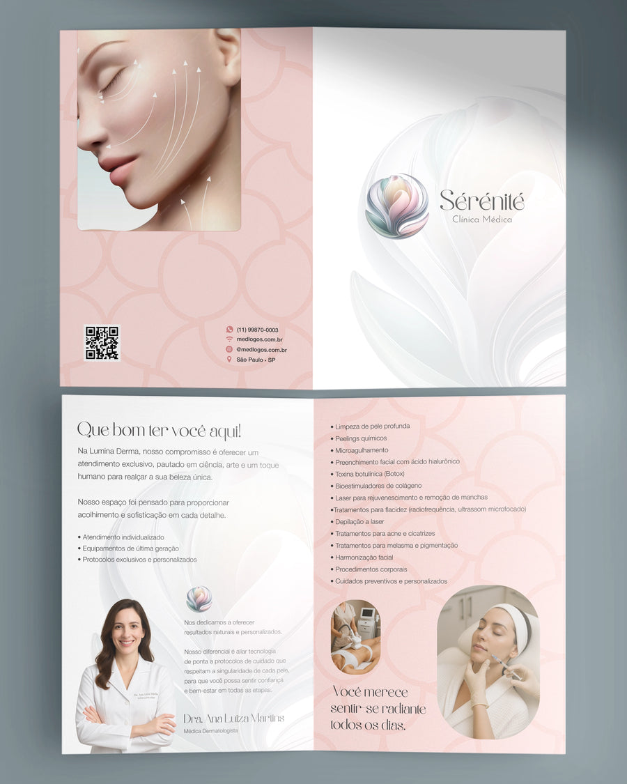 Folder dobrável modelo Sérénité com fotos de tratamentos faciais, apresentação e lista de serviços