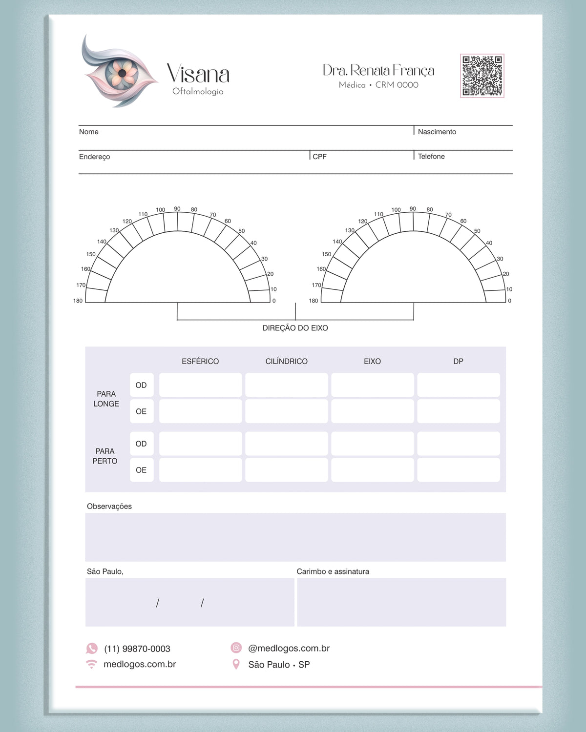 Prescrição de lentes modelo Visana para oftalmologia com diagramas de eixo e tabela de grau