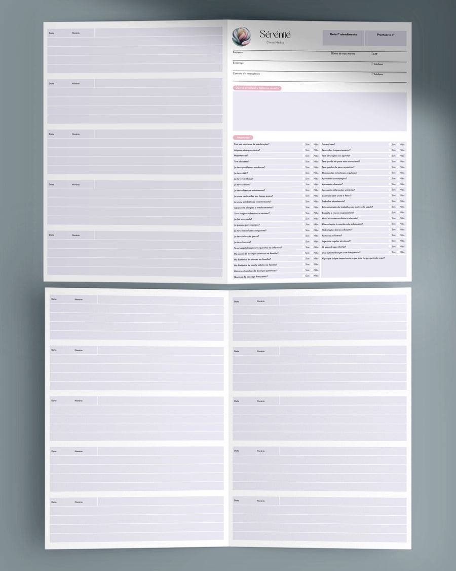 Prontuário médico completo com anamnese, personalizado e impresso para clínicas e consultórios. Gráfica médica especializada.