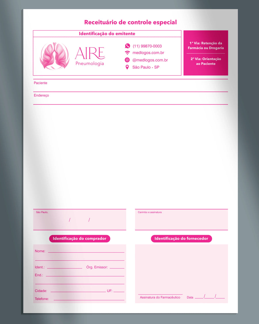 Receituário de controle especial modelo Aire para pneumologia em tons de rosa pink