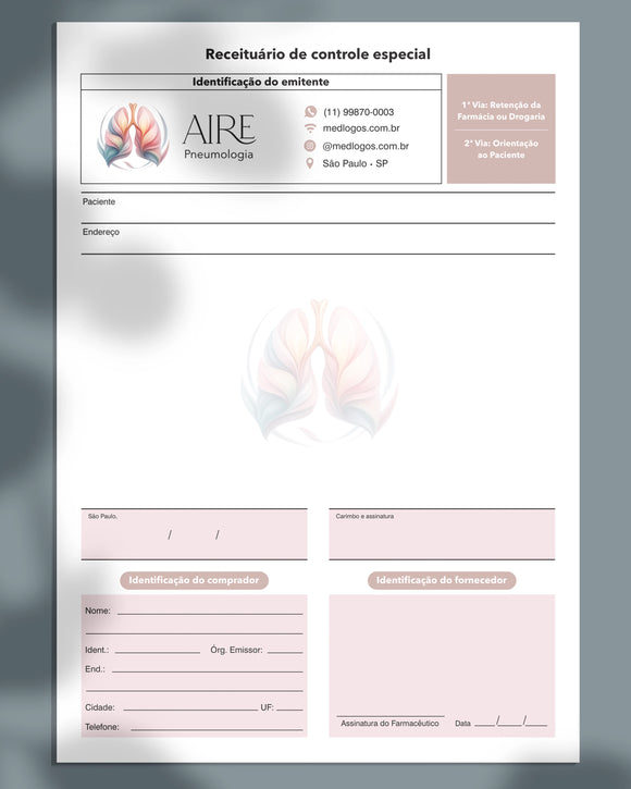 Receituário controle especial para pneumologia, impressão profissional.