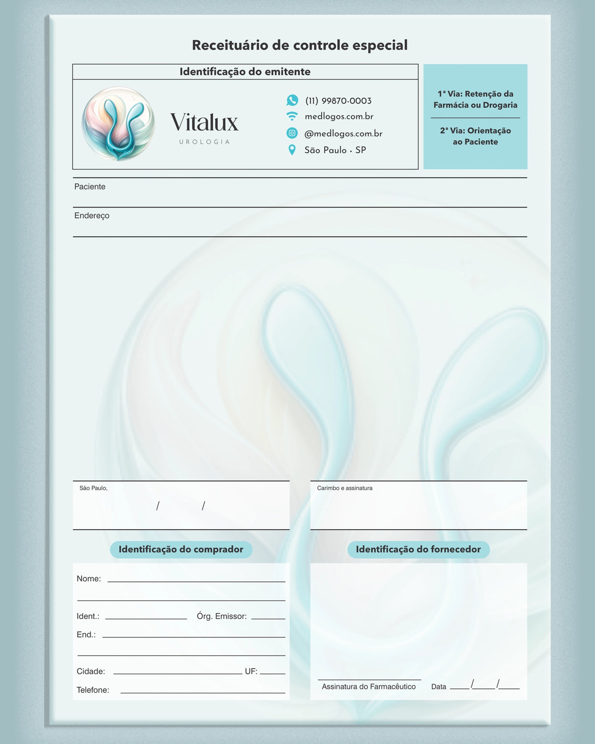 Receituário de controle especial para urologia, com campos para prescrições controladas, impresso pela gráfica Med Logos.