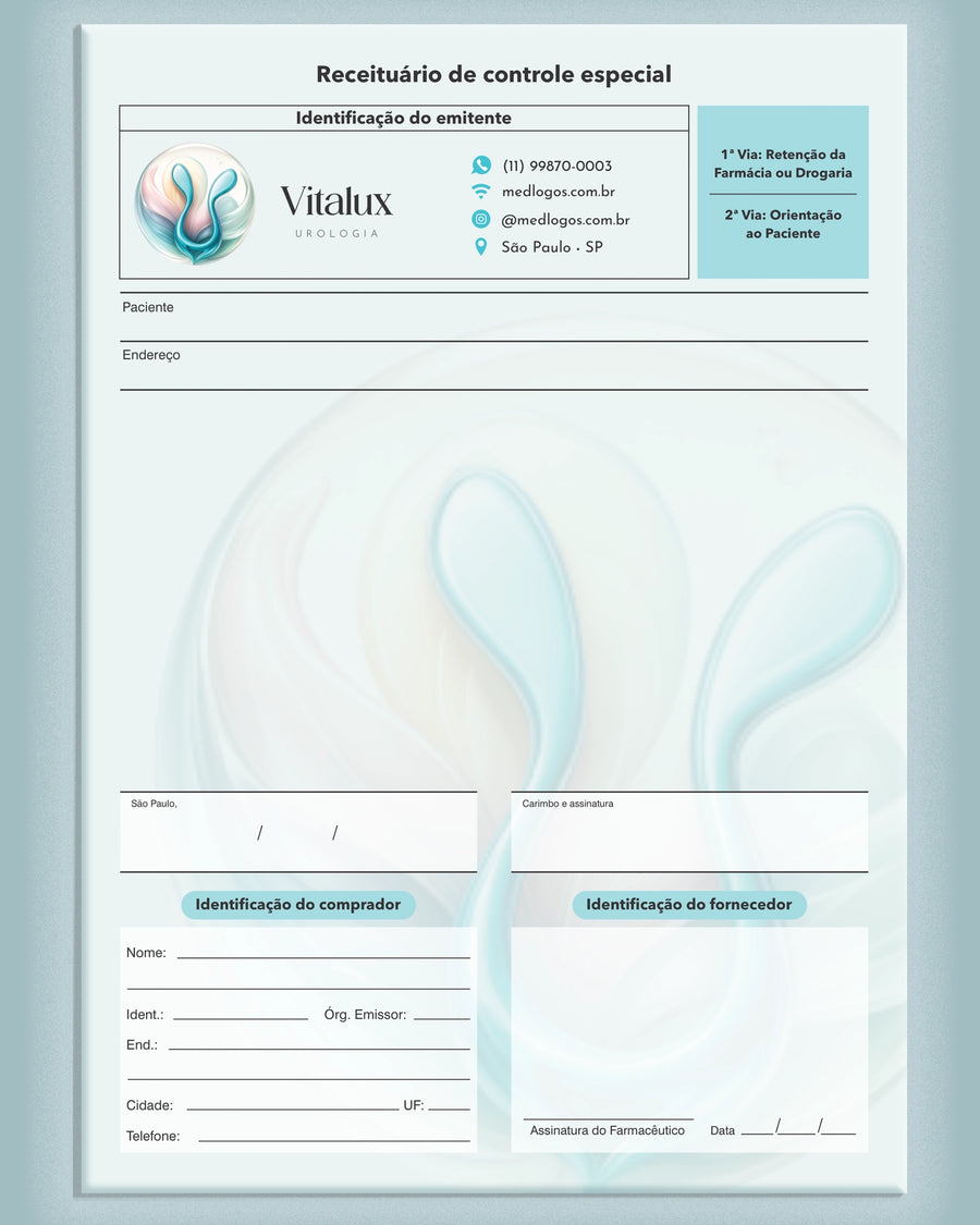 Receituário de controle especial para urologia, com campos para prescrições controladas, impresso pela gráfica Med Logos.