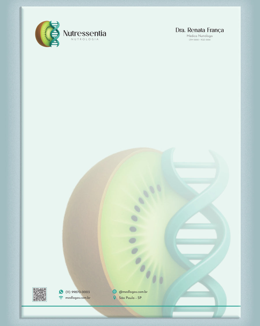 Receituário A4 modelo Nutressentia de nutrologia, sem campos do paciente, com kiwi e hélice de DNA em marca d'água