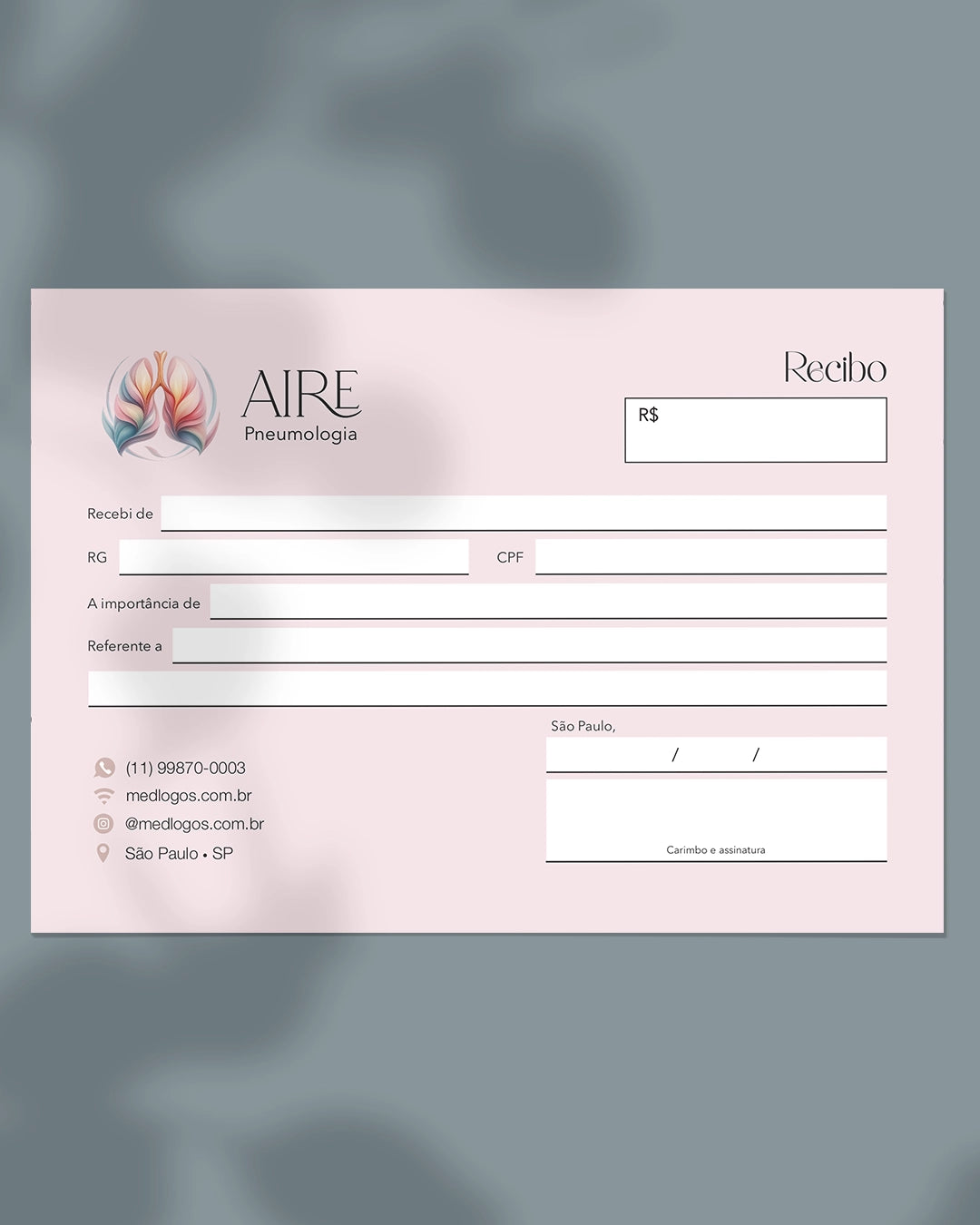 Talão de recibo médico para pneumologia, impressão especializada para médicos.