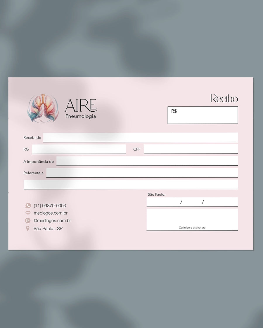 Talão de recibo médico para pneumologia, impressão especializada para médicos.