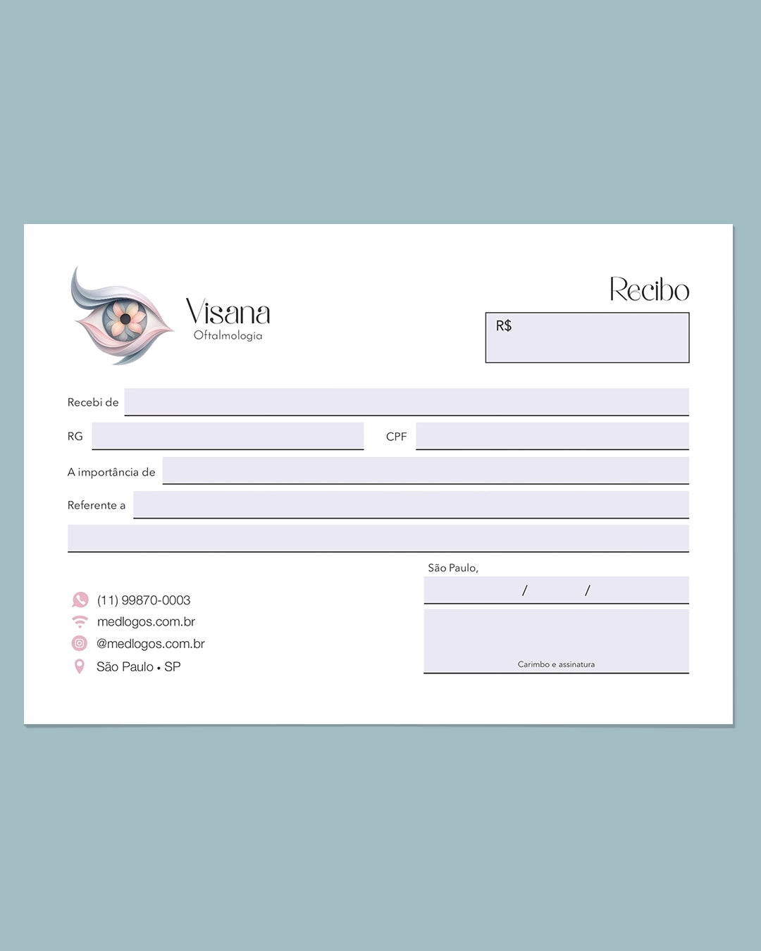 Talão de recibo médico oftalmologia - impressão premium e layout funcional.