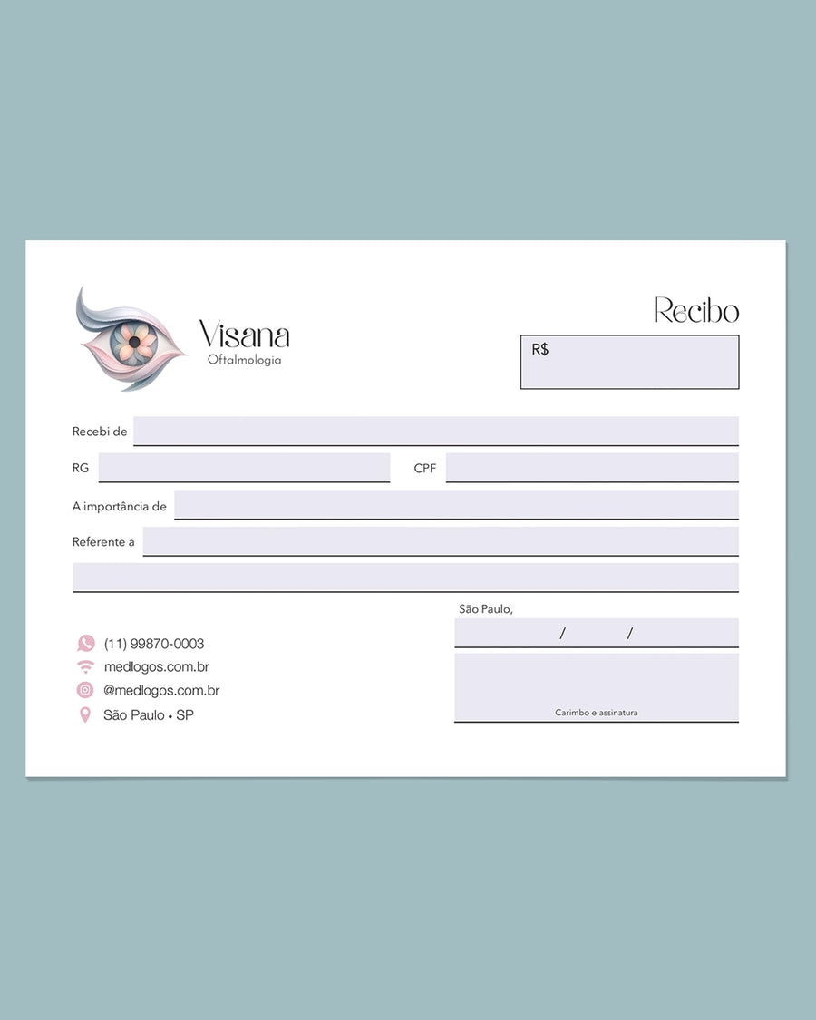 Talão de recibo médico oftalmologia - impressão premium e layout funcional.
