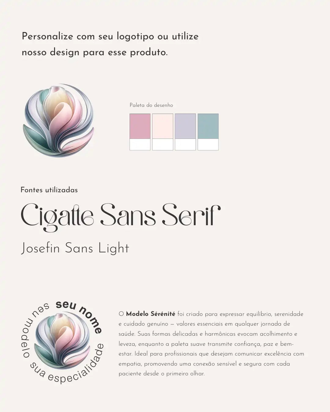 Folha do modelo Sérénité com logotipo floral, paleta de cores e fontes Cigatte Sans Serif e Josefin Sans