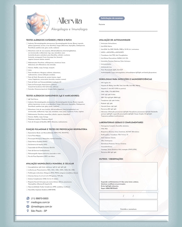 Solicitação de exames personalizada para alergologia e imunologia, arte exclusiva e impressão de alta qualidade. Papelaria gráfica completa para profissionais médicos de alergologia e imunologia. Impressão premium e sofisticada.