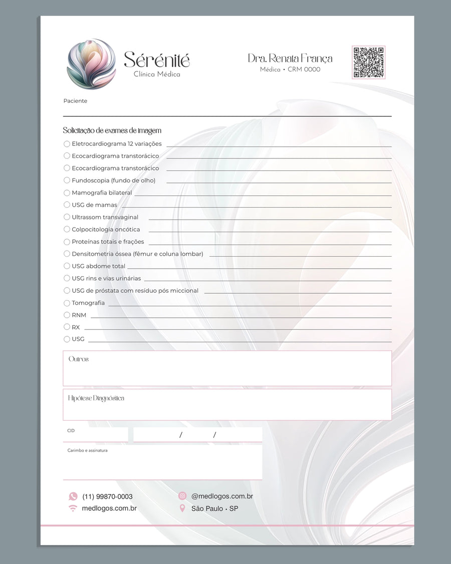 Solicitação de exames de imagem modelo Sérénité com lista de exames para marcar