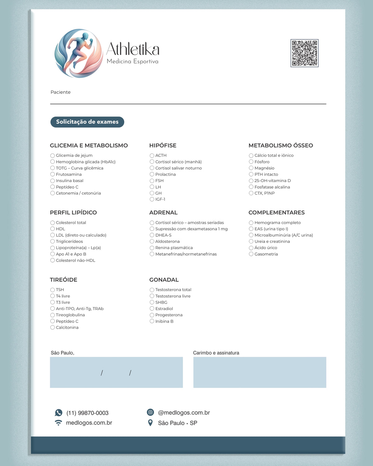 Solicitação de exames medicina esportiva - impressão premium e layout funcional para médicos. Hormonios e esporte.