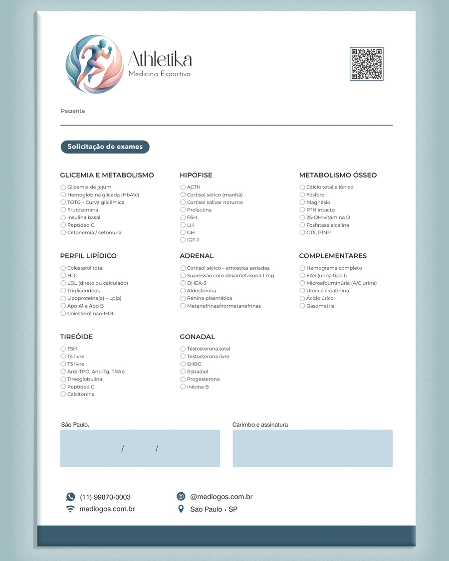 Solicitação de exames medicina esportiva - impressão premium e layout funcional para médicos. Hormonios e esporte.