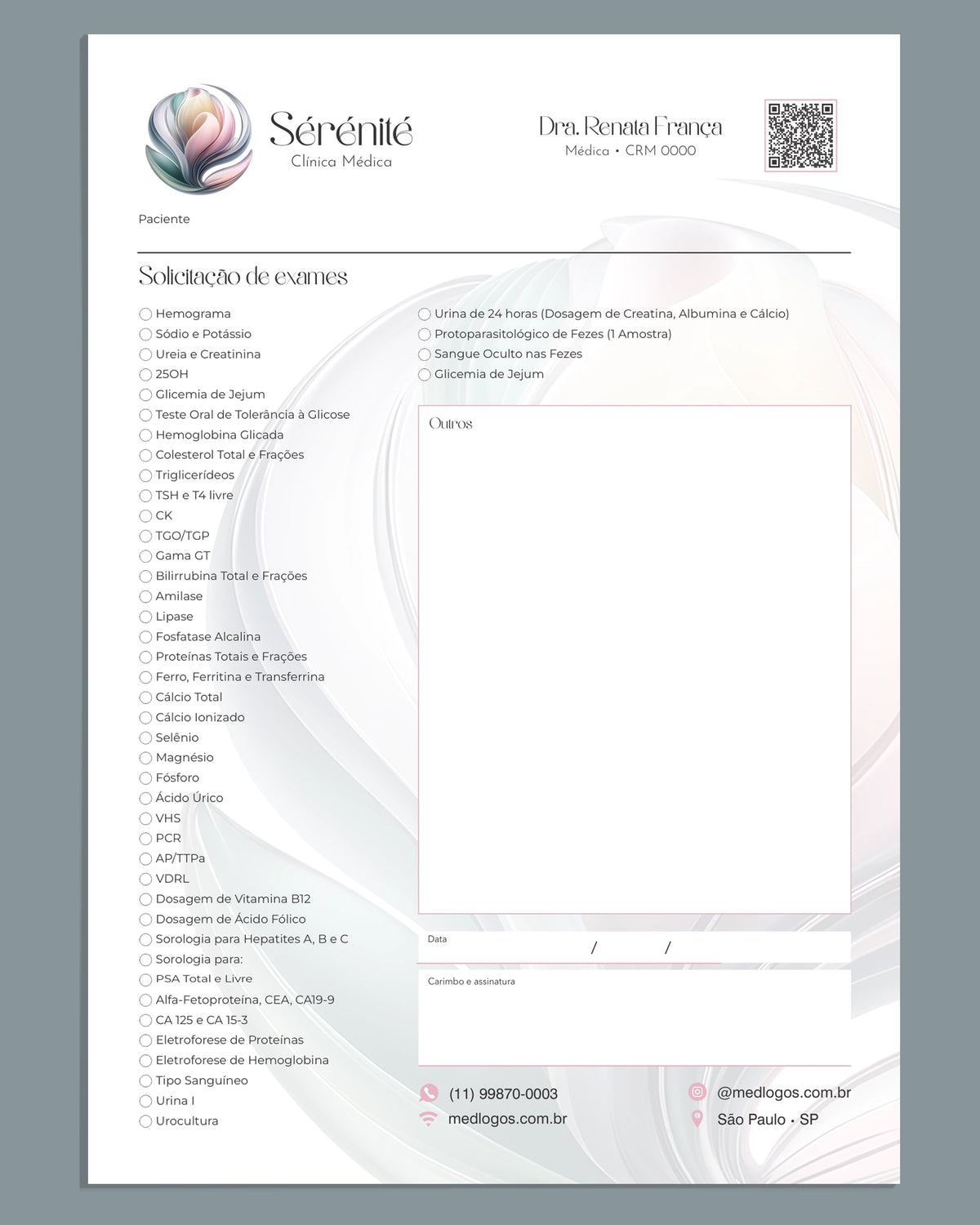 Solicitação de exames modelo Sérénité com lista de exames laboratoriais e campo de outros