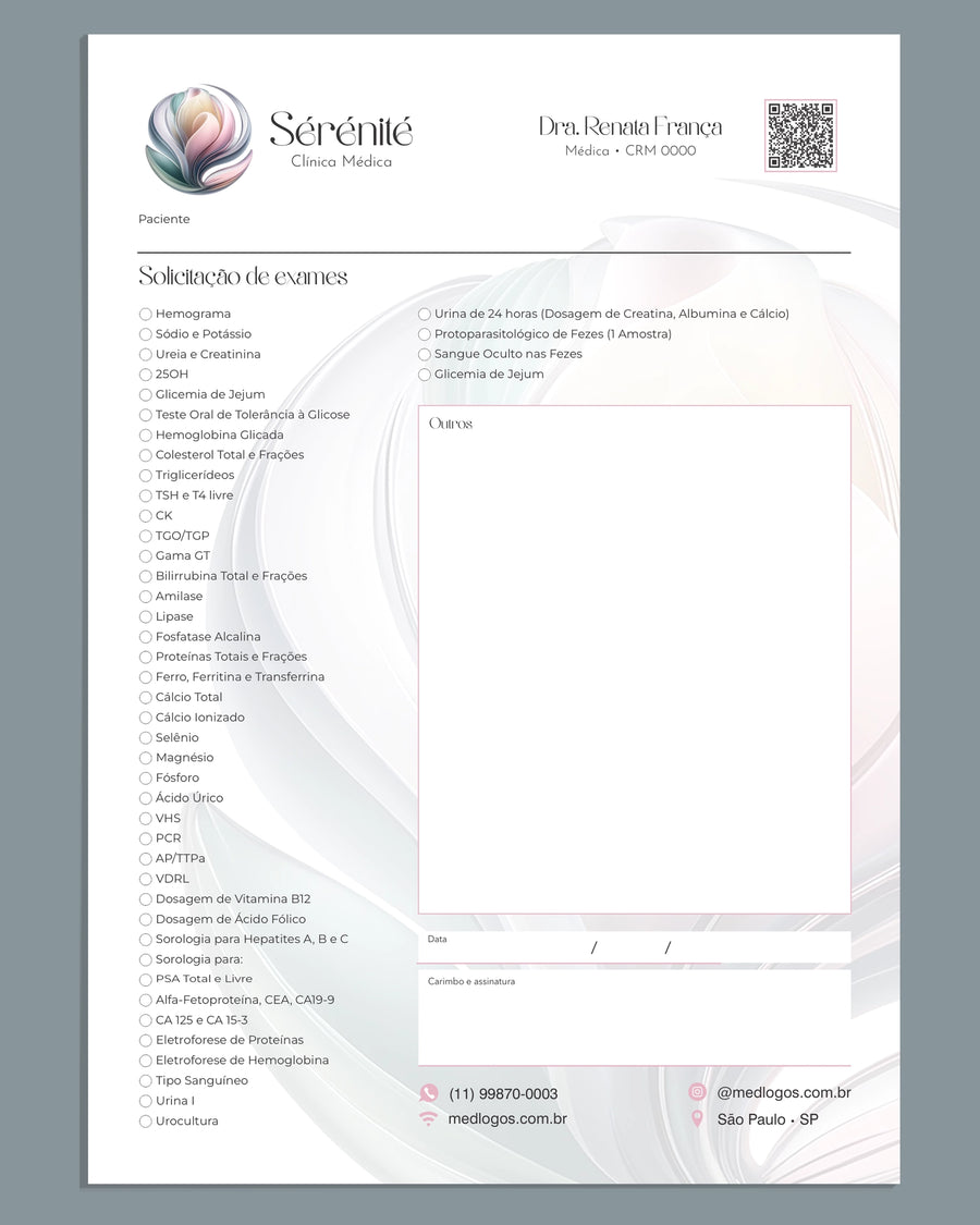 Solicitação de exames modelo Sérénité com lista de exames laboratoriais e campo de outros