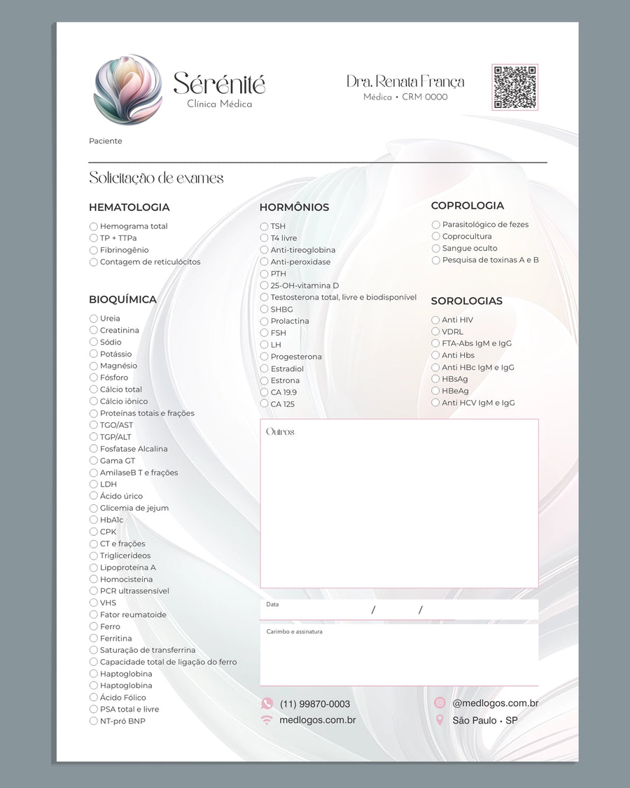 Solicitação de exames modelo Sérénité com exames separados por categoria para marcar