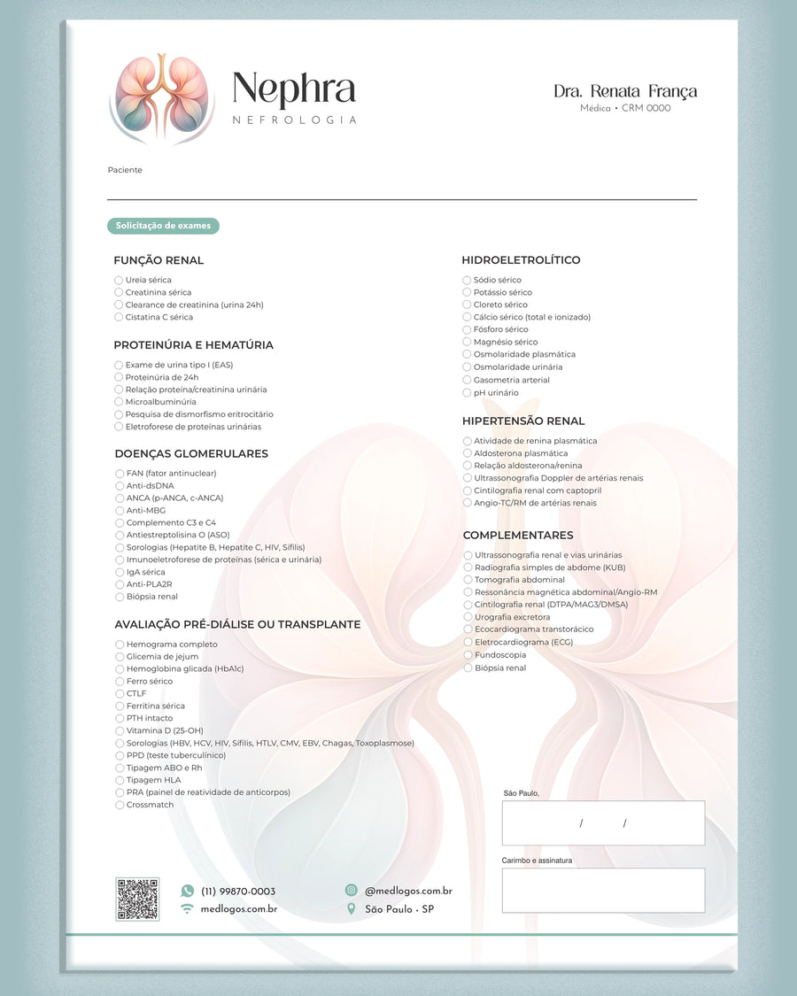 Solicitação de exames de nefrologia por categorias, modelo Nephra