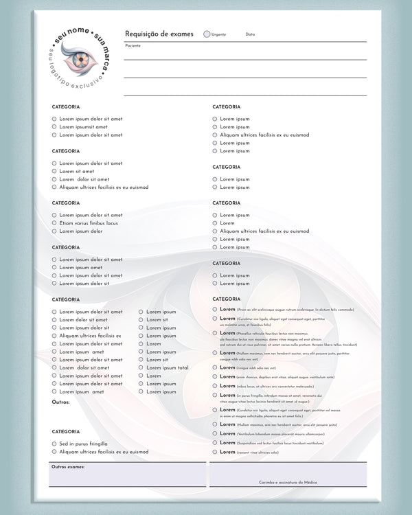Solicitação de exames oftalmologia - impressão premium e layout funcional.