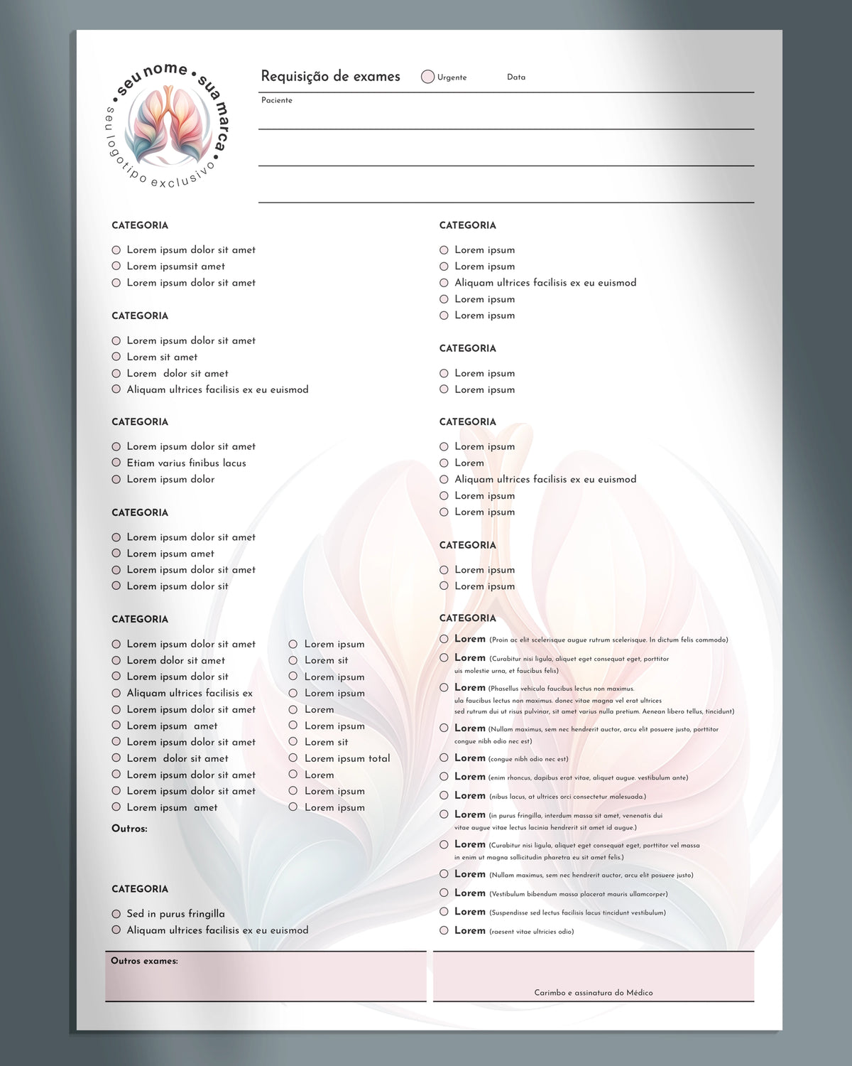 Solicitação de exames para pneumologia, gráfica médica especializada.