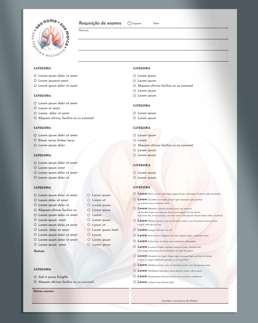 Solicitação de exames para pneumologia, gráfica médica especializada.