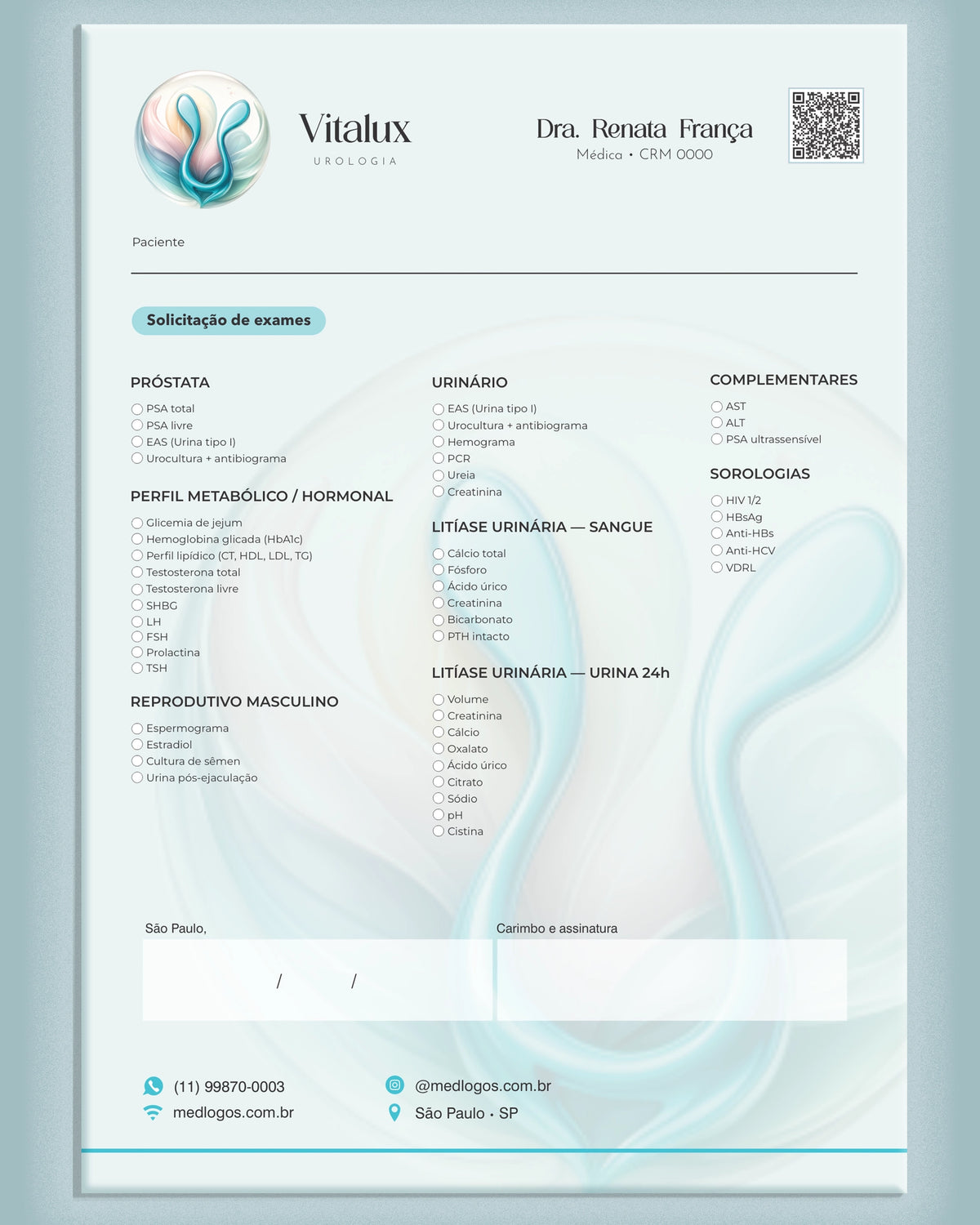 Solicitação de exames de urologia com próstata, urinário e hormonal, modelo Vitalux