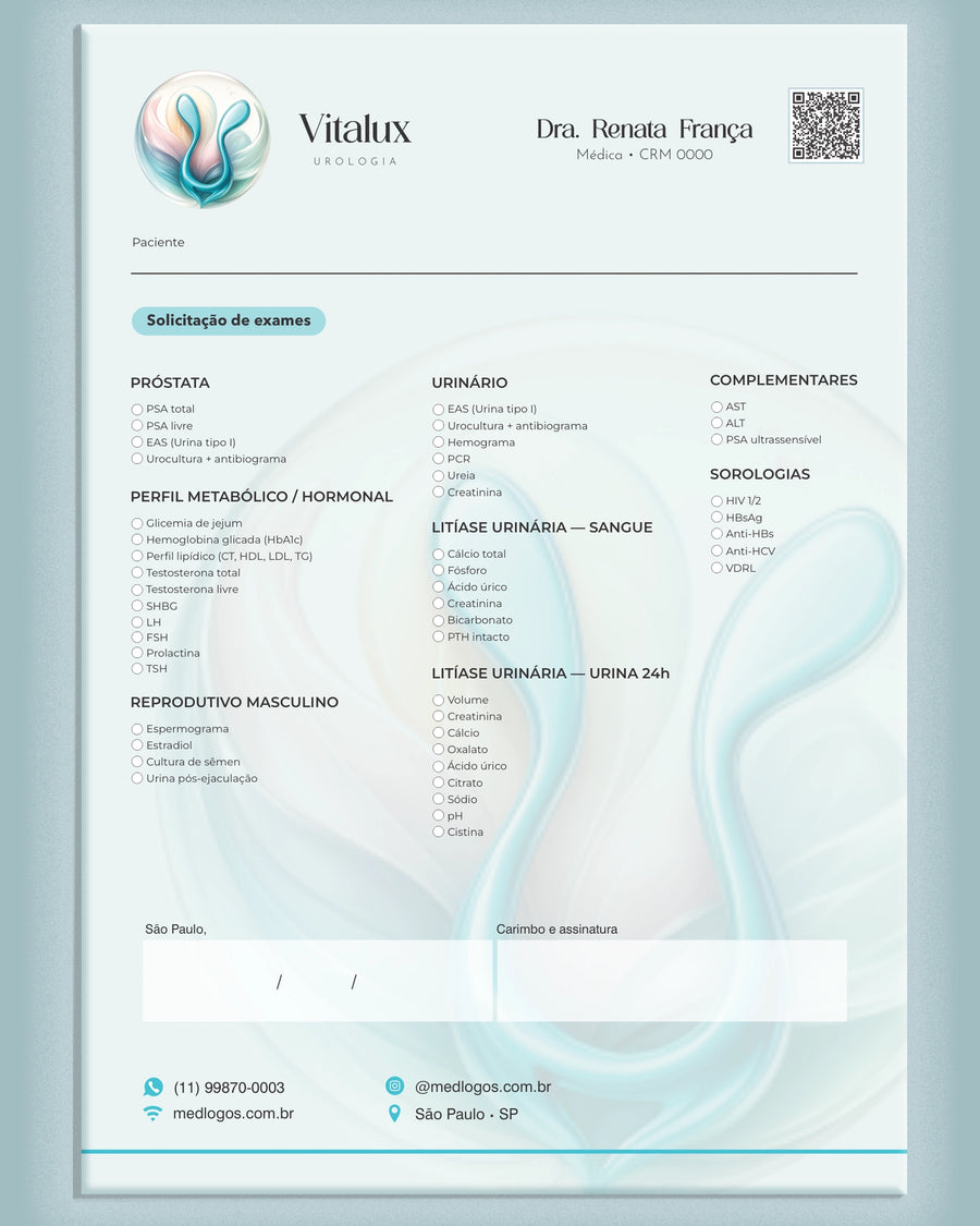Solicitação de exames de urologia com próstata, urinário e hormonal, modelo Vitalux